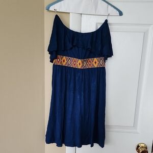 Tyche Blue and Brown Ruffled Off-the-Shoulder Sundress, Small
